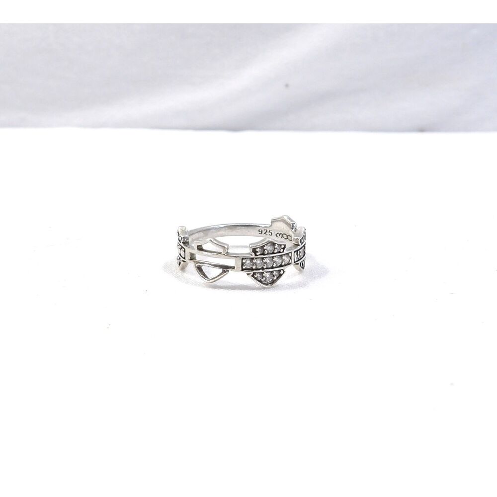 Harley Davidson Bar & Shield Pave crystal band ring, size 7, 925 Sterling Silver
